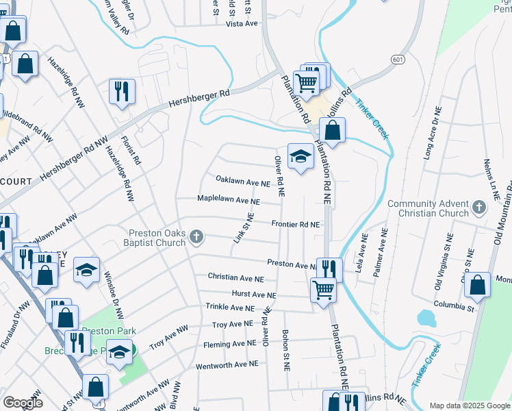 map of restaurants, bars, coffee shops, grocery stores, and more near 201 Maplelawn Avenue Northeast in Roanoke
