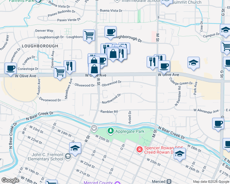 map of restaurants, bars, coffee shops, grocery stores, and more near 2988 Briarwood Court in Merced
