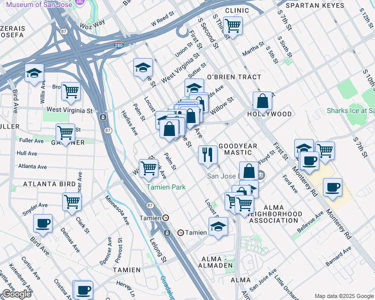 map of restaurants, bars, coffee shops, grocery stores, and more near 1095 Vine Street in San Jose