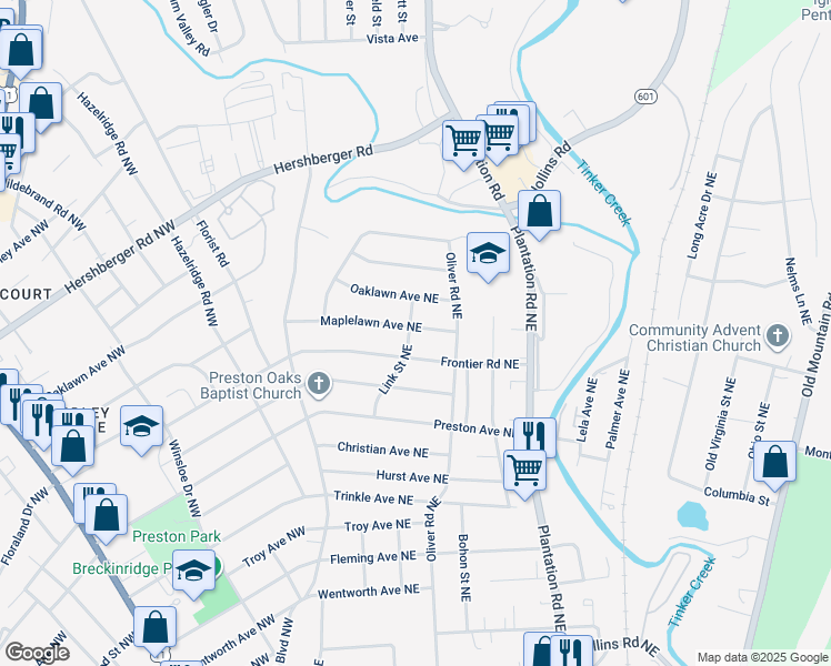 map of restaurants, bars, coffee shops, grocery stores, and more near 201 Maplelawn Avenue Northeast in Roanoke