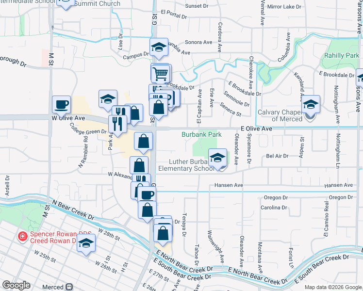 map of restaurants, bars, coffee shops, grocery stores, and more near 3061 El Capitan Avenue in Merced