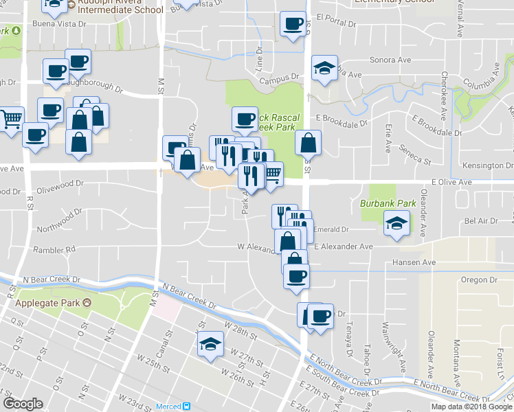 map of restaurants, bars, coffee shops, grocery stores, and more near 3030 Park Avenue in Merced
