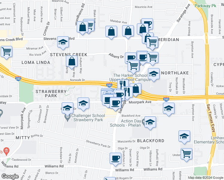 map of restaurants, bars, coffee shops, grocery stores, and more near 504 Shadow Court in San Jose