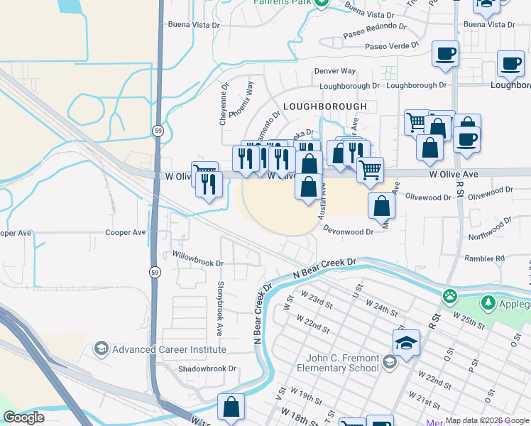 map of restaurants, bars, coffee shops, grocery stores, and more near 1764 West Olive Avenue in Merced