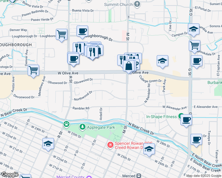 map of restaurants, bars, coffee shops, grocery stores, and more near 2983 Pinewood Court in Merced