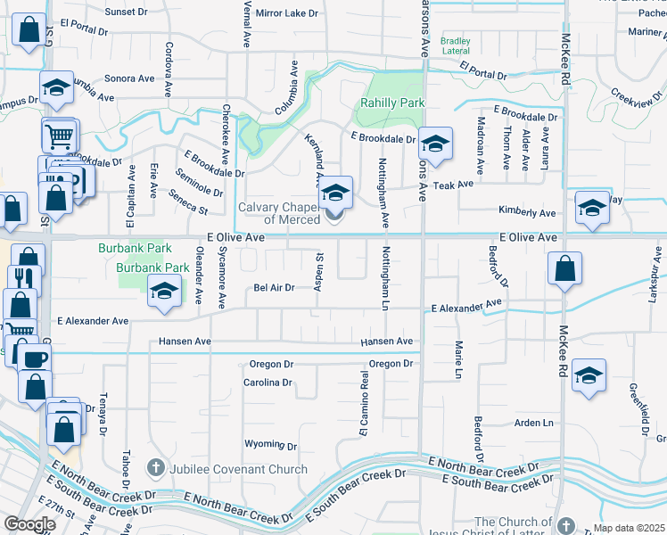 map of restaurants, bars, coffee shops, grocery stores, and more near McHenry Road in Merced