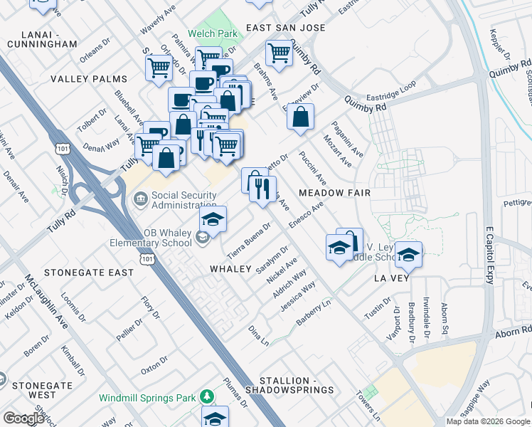 map of restaurants, bars, coffee shops, grocery stores, and more near 2669 South King Road in San Jose