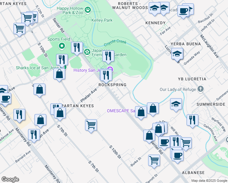 map of restaurants, bars, coffee shops, grocery stores, and more near 1804 Senter Road in San Jose