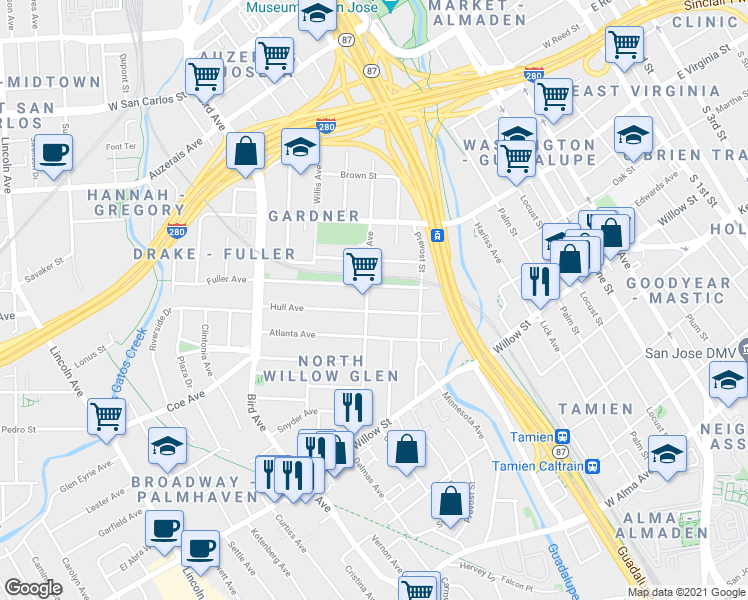 map of restaurants, bars, coffee shops, grocery stores, and more near 399 Hull Avenue in San Jose