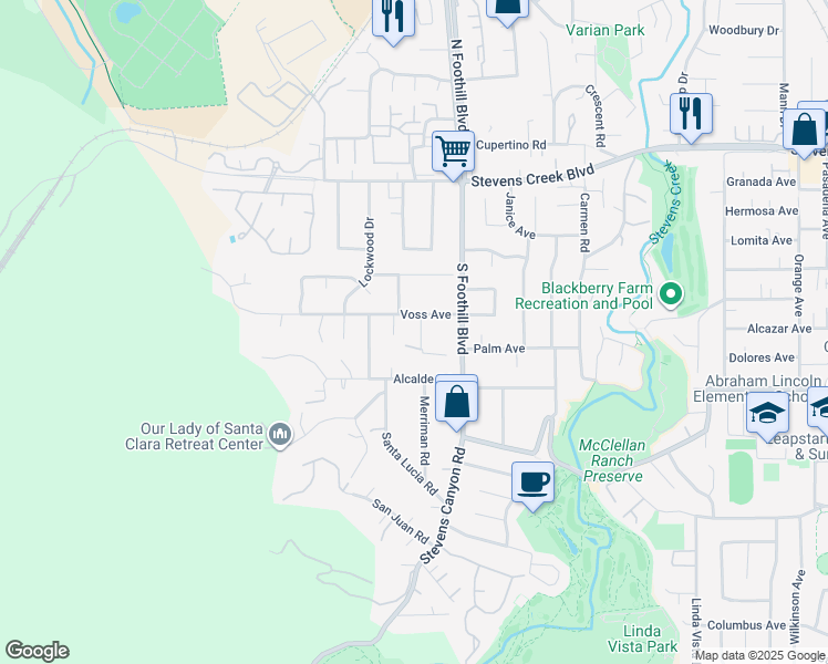 map of restaurants, bars, coffee shops, grocery stores, and more near 10452 Merriman Road in Cupertino