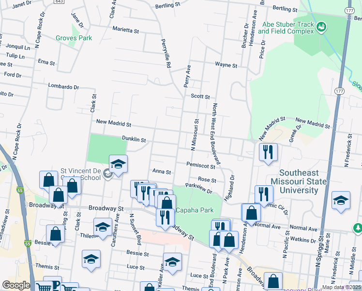 map of restaurants, bars, coffee shops, grocery stores, and more near 1619 Dunklin Street in Cape Girardeau