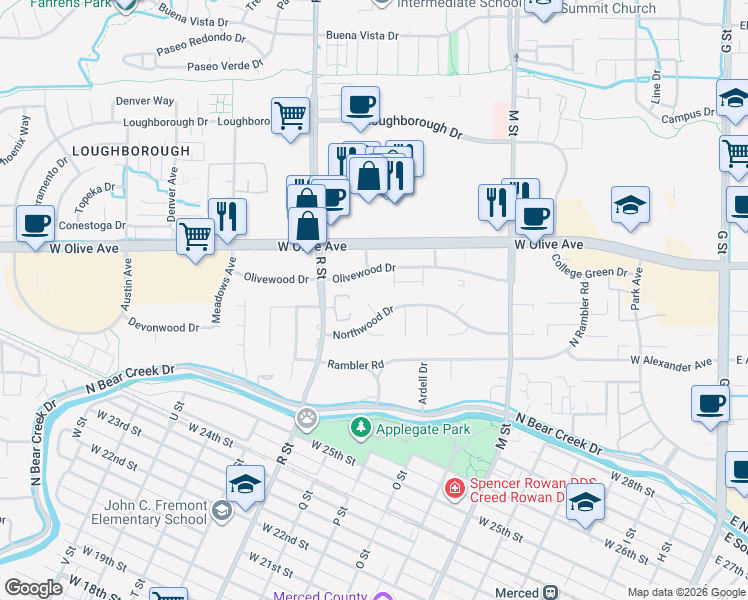 map of restaurants, bars, coffee shops, grocery stores, and more near 2988 Briarwood Court in Merced
