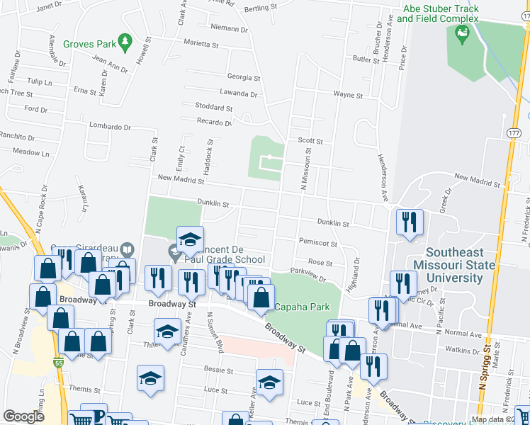 map of restaurants, bars, coffee shops, grocery stores, and more near 1721 Dunklin Street in Cape Girardeau