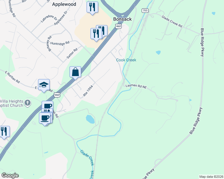 map of restaurants, bars, coffee shops, grocery stores, and more near 4721 Phyllis Road Northeast in Roanoke