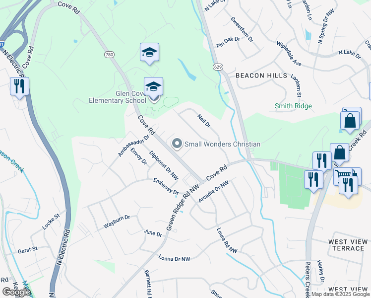 map of restaurants, bars, coffee shops, grocery stores, and more near 5724 Glen Haven Drive in Roanoke