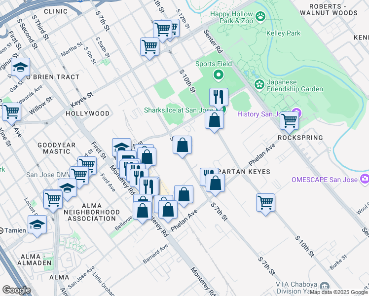 map of restaurants, bars, coffee shops, grocery stores, and more near 1506 South 7th Street in San Jose