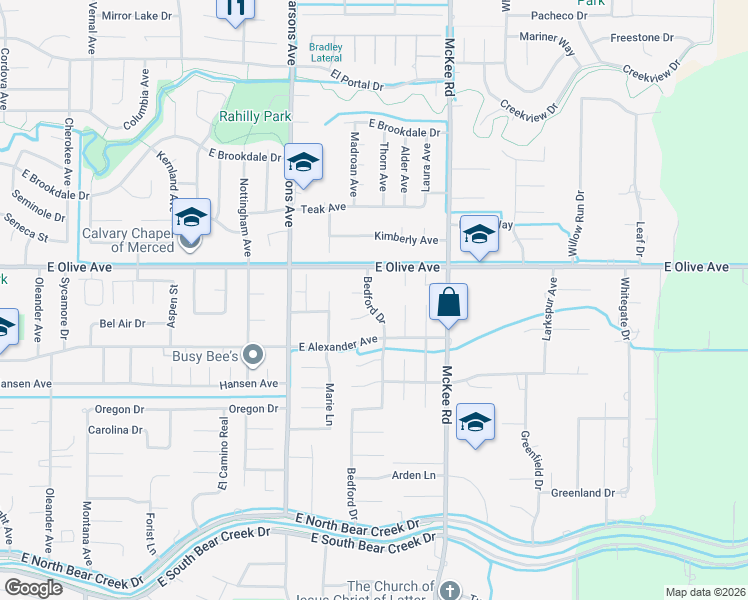 map of restaurants, bars, coffee shops, grocery stores, and more near 3056 Bedford Drive in Merced