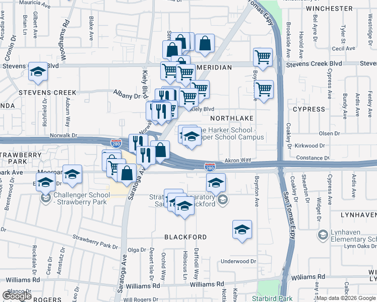 map of restaurants, bars, coffee shops, grocery stores, and more near 500 Saratoga Avenue in San Jose