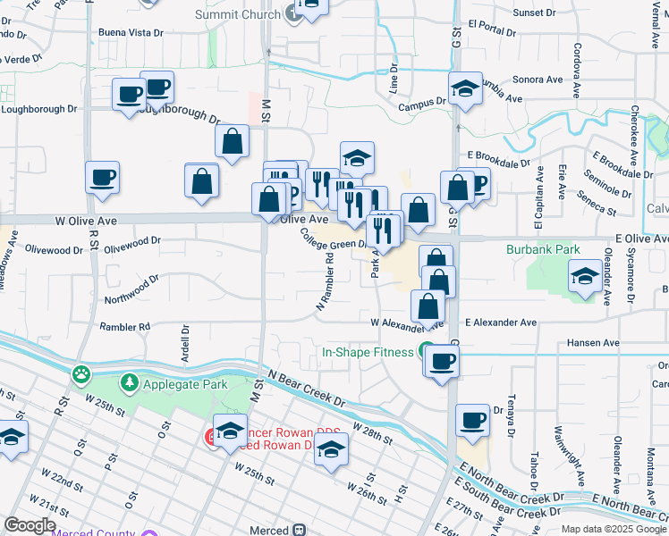 map of restaurants, bars, coffee shops, grocery stores, and more near 3020 North Rambler Road in Merced