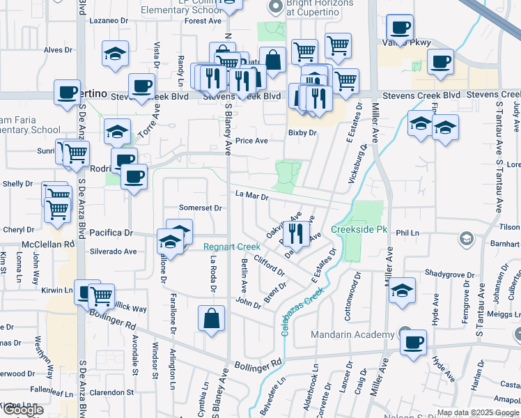 map of restaurants, bars, coffee shops, grocery stores, and more near 10388 Lansdale Avenue in Cupertino