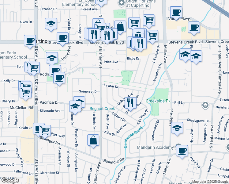 map of restaurants, bars, coffee shops, grocery stores, and more near 10388 Lansdale Avenue in Cupertino