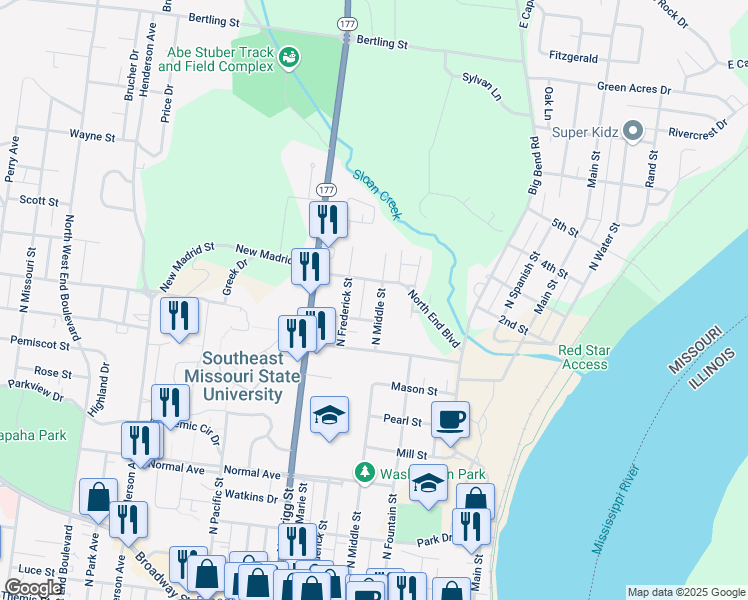 map of restaurants, bars, coffee shops, grocery stores, and more near 1023 North Middle Street in Cape Girardeau