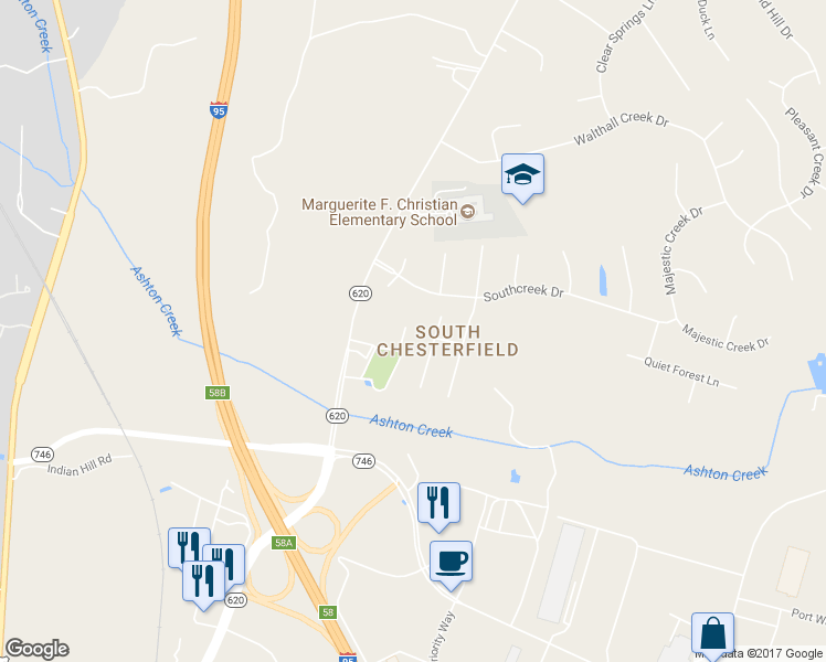 map of restaurants, bars, coffee shops, grocery stores, and more near 15103 Woods Edge Road in South Chesterfield