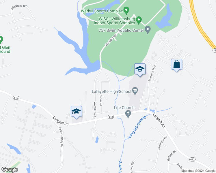 map of restaurants, bars, coffee shops, grocery stores, and more near 5504 South Mallard Run in Williamsburg