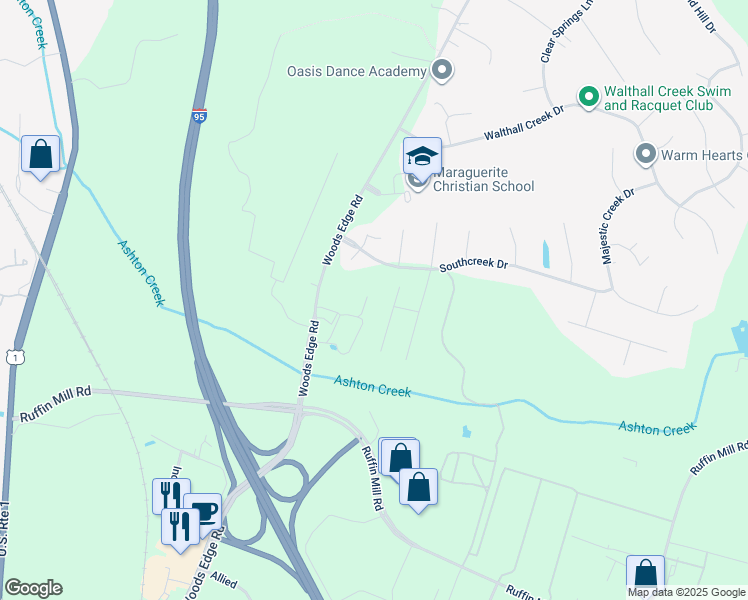 map of restaurants, bars, coffee shops, grocery stores, and more near 15103 Woods Edge Road in South Chesterfield