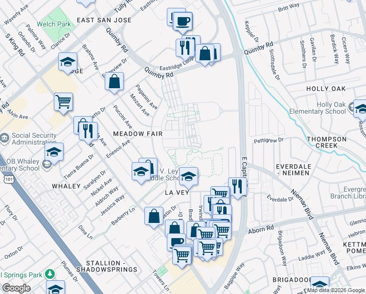 map of restaurants, bars, coffee shops, grocery stores, and more near Revelry Street in San Jose