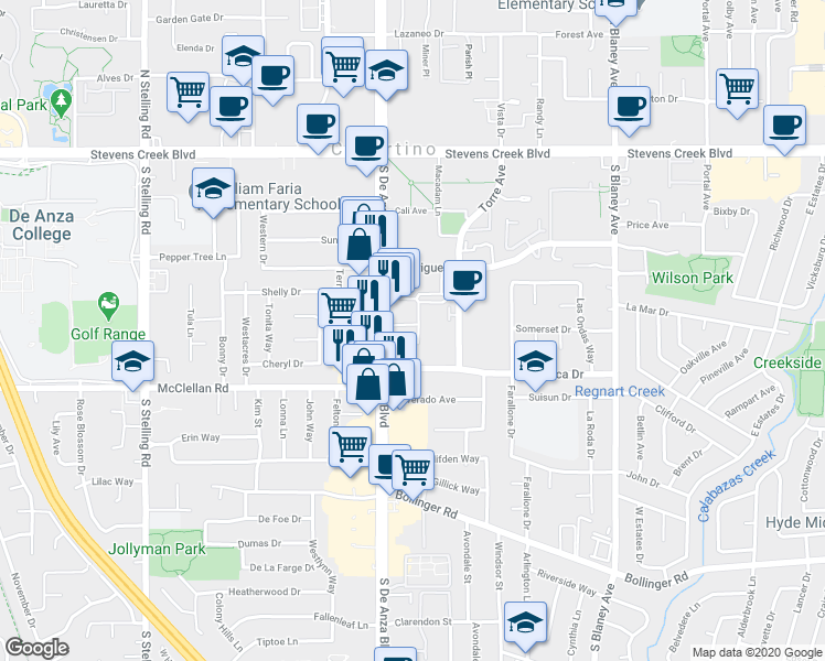 map of restaurants, bars, coffee shops, grocery stores, and more near 10430 Park Green Lane in Cupertino