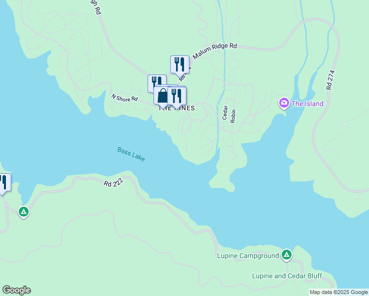 map of restaurants, bars, coffee shops, grocery stores, and more near 39124 Lake Drive in Bass Lake
