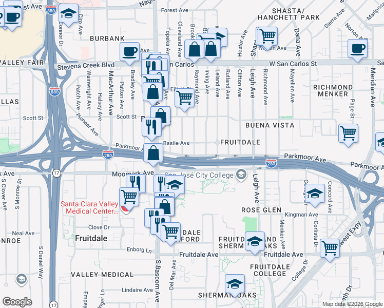 map of restaurants, bars, coffee shops, grocery stores, and more near 569 Raymond Avenue in San Jose