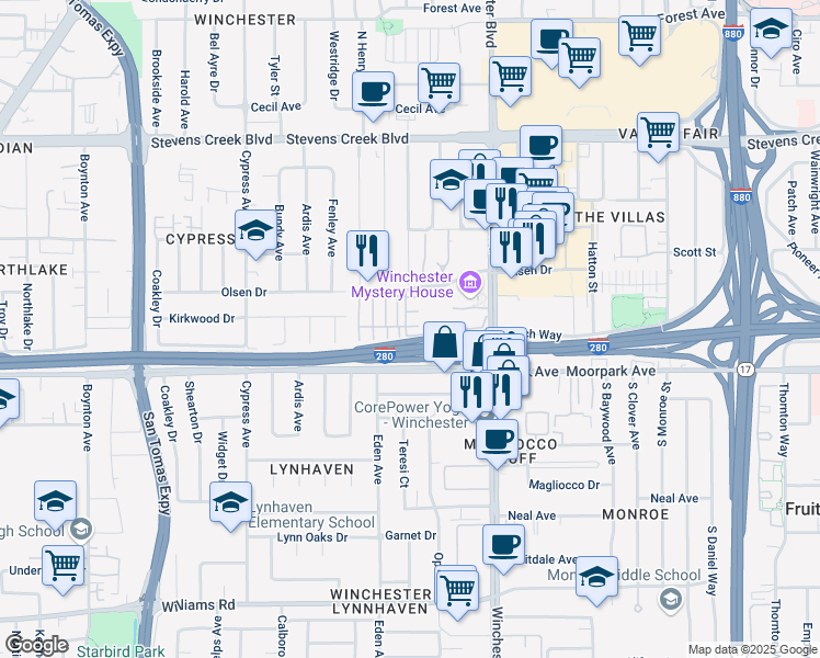 map of restaurants, bars, coffee shops, grocery stores, and more near 3356 Petunia Court in San Jose