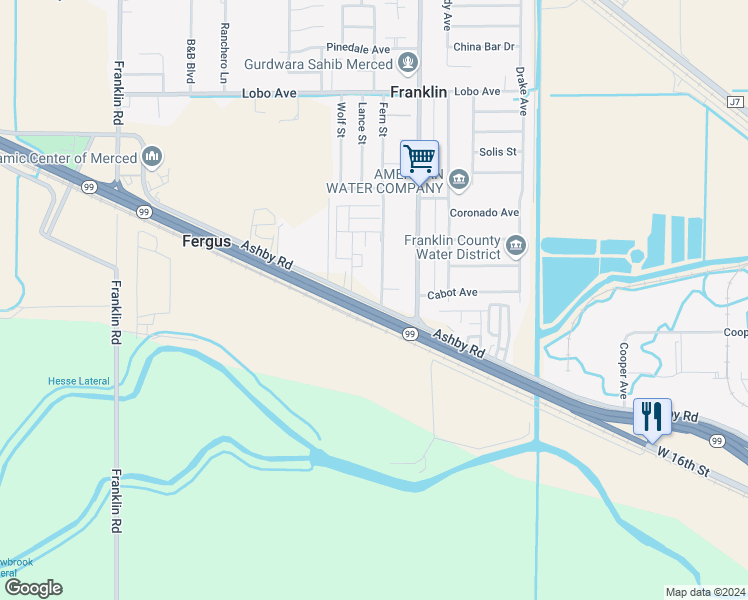map of restaurants, bars, coffee shops, grocery stores, and more near 1950 Ashby Road in Merced