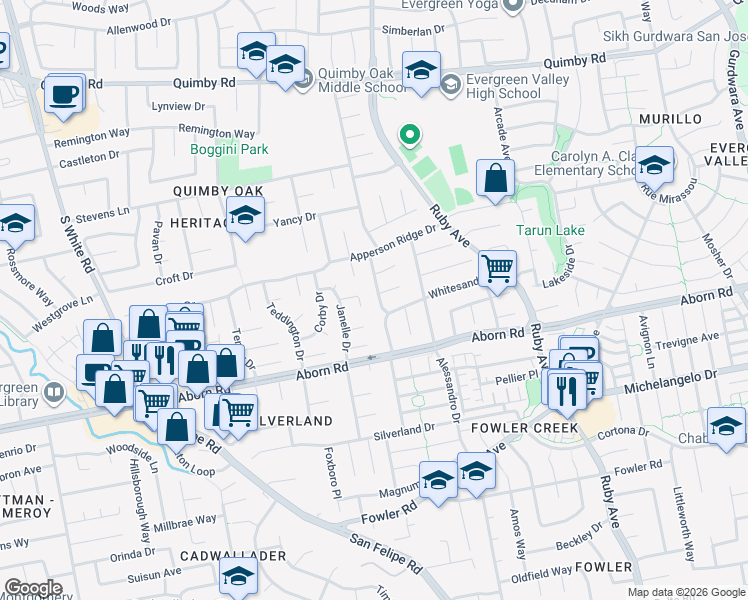 map of restaurants, bars, coffee shops, grocery stores, and more near 3259 Whiterose Drive in San Jose