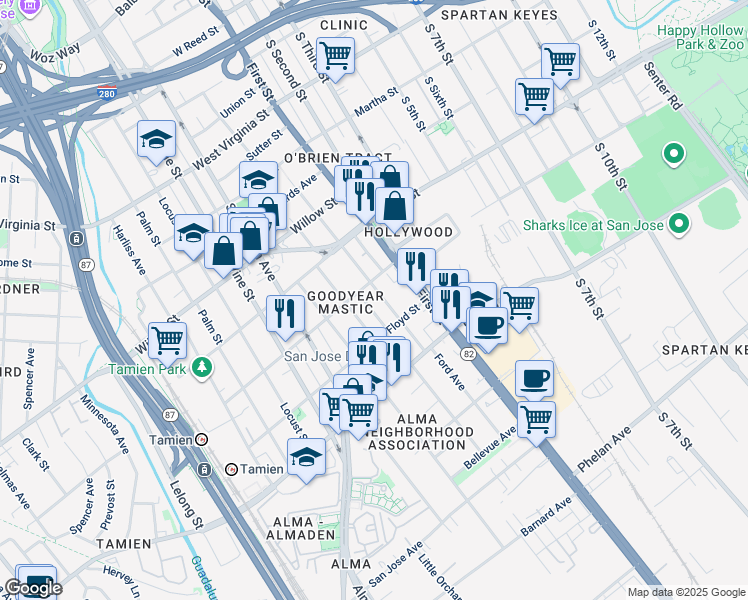 map of restaurants, bars, coffee shops, grocery stores, and more near 1234 Mastic Street in San Jose