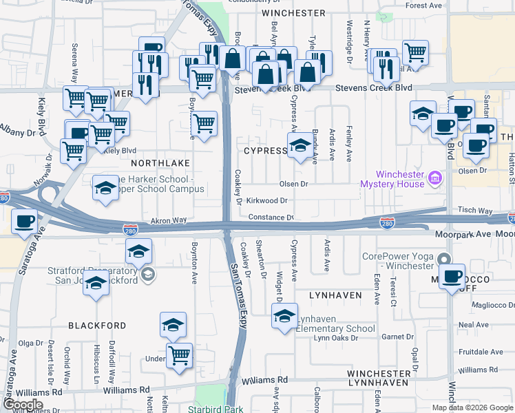 map of restaurants, bars, coffee shops, grocery stores, and more near 3559 Constance Drive in San Jose