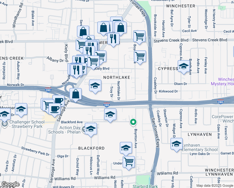map of restaurants, bars, coffee shops, grocery stores, and more near 540 Northlake Drive in San Jose