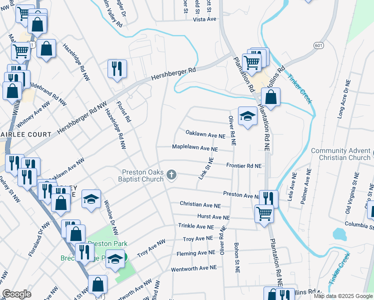 map of restaurants, bars, coffee shops, grocery stores, and more near 154 Frontier Road Northwest in Roanoke