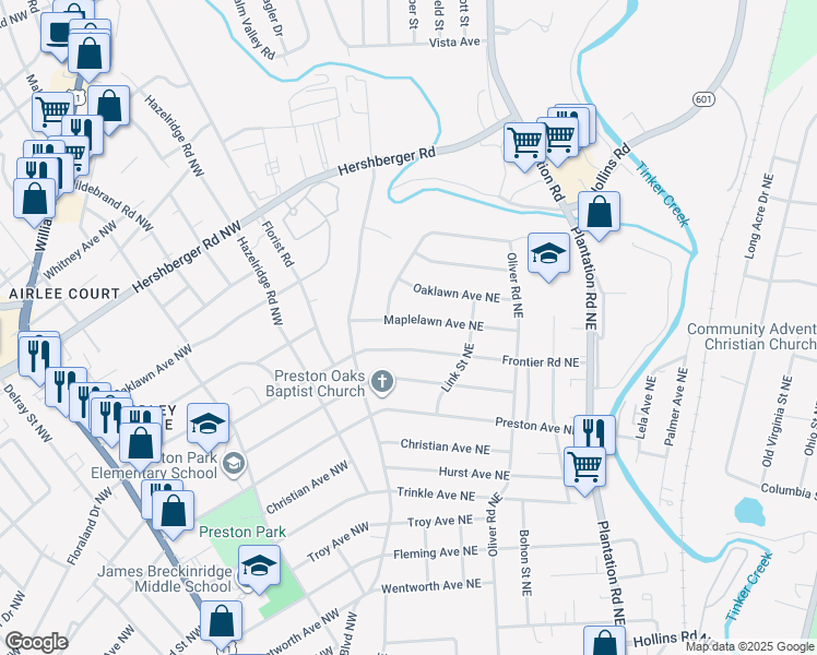 map of restaurants, bars, coffee shops, grocery stores, and more near 130 Frontier Road Northeast in Roanoke