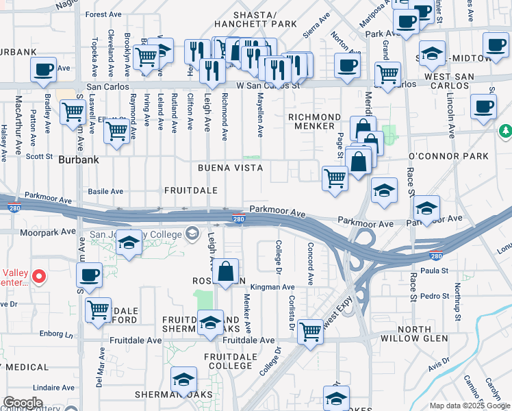 map of restaurants, bars, coffee shops, grocery stores, and more near 578 Menker Avenue in San Jose