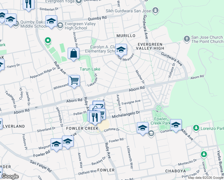 map of restaurants, bars, coffee shops, grocery stores, and more near 3406 Chieri Place in San Jose