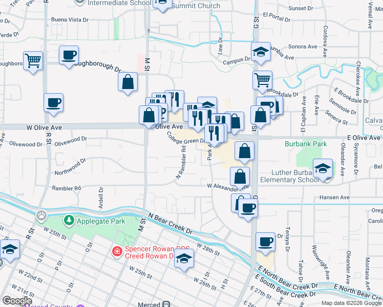 map of restaurants, bars, coffee shops, grocery stores, and more near 305 Eric Court in Merced