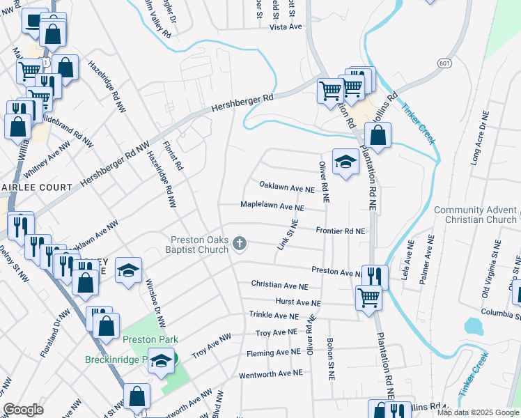 map of restaurants, bars, coffee shops, grocery stores, and more near 154 Frontier Road Northwest in Roanoke