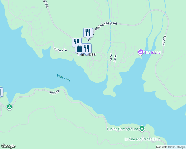 map of restaurants, bars, coffee shops, grocery stores, and more near 39124 Lake Drive in Bass Lake