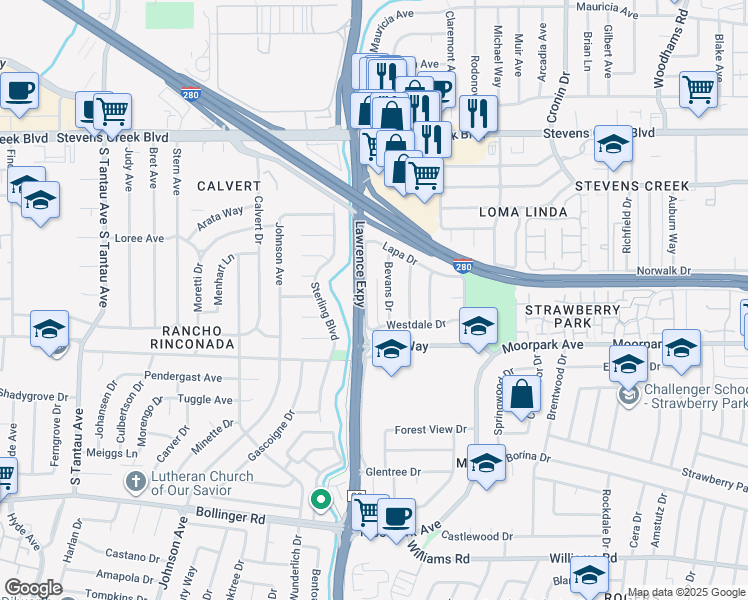 map of restaurants, bars, coffee shops, grocery stores, and more near 546 Doyle Road in San Jose