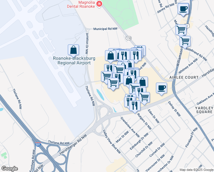 map of restaurants, bars, coffee shops, grocery stores, and more near 5050 Rutgers Street Northwest in Roanoke