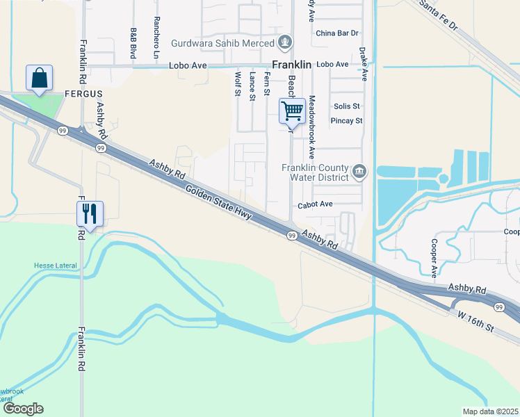 map of restaurants, bars, coffee shops, grocery stores, and more near 2020 Ashby Road in Merced