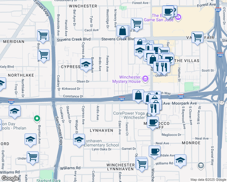 map of restaurants, bars, coffee shops, grocery stores, and more near 659 Redberry Way in San Jose